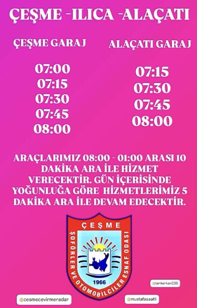 Çeşme Dolmuş Timetable June 2025