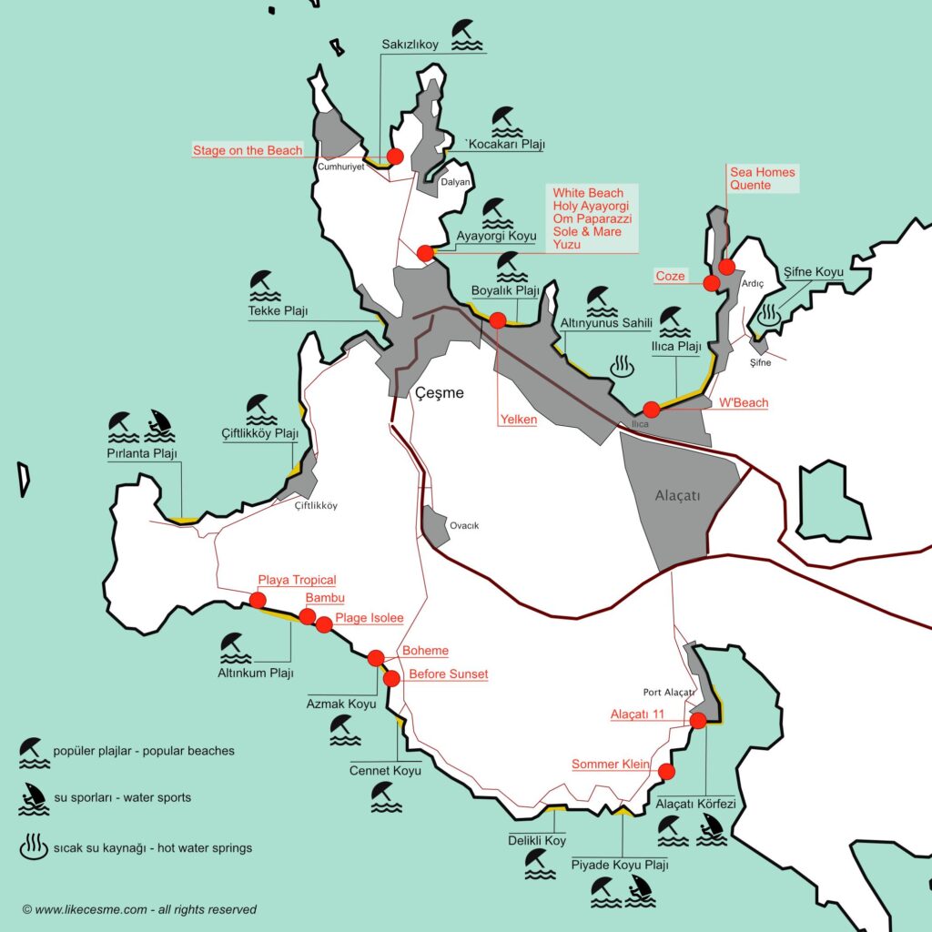 Map of Çeşme Beach Clubs