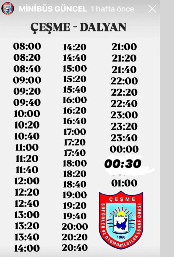 Dolmuş Timetable August 2025
